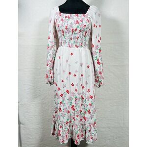 Draper James RSVP Dress Women Linen White Pink Floral Smocked Milkmaid Cottage L